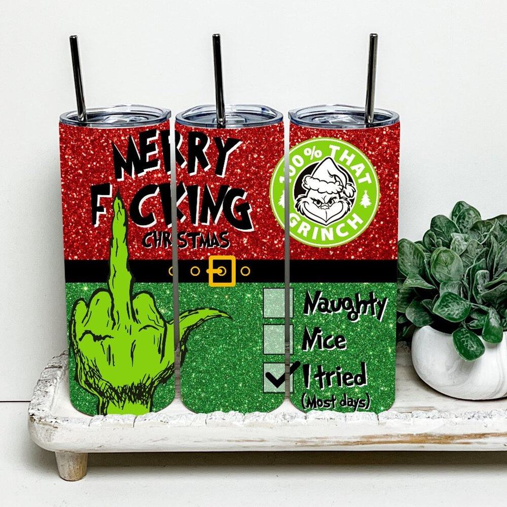 The Grinch Merry Fuc***** Christmas 20oz Tumbler With Metal Straw